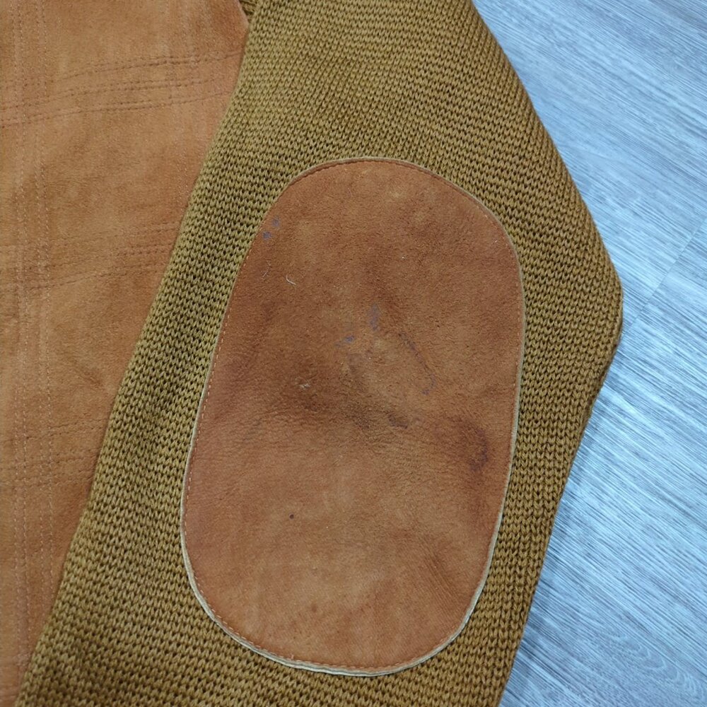 Vintage Tundra Cardigan Sweater Men's Medium Brown Knit Suede Elbow Patches 80s - Picture 9 of 16